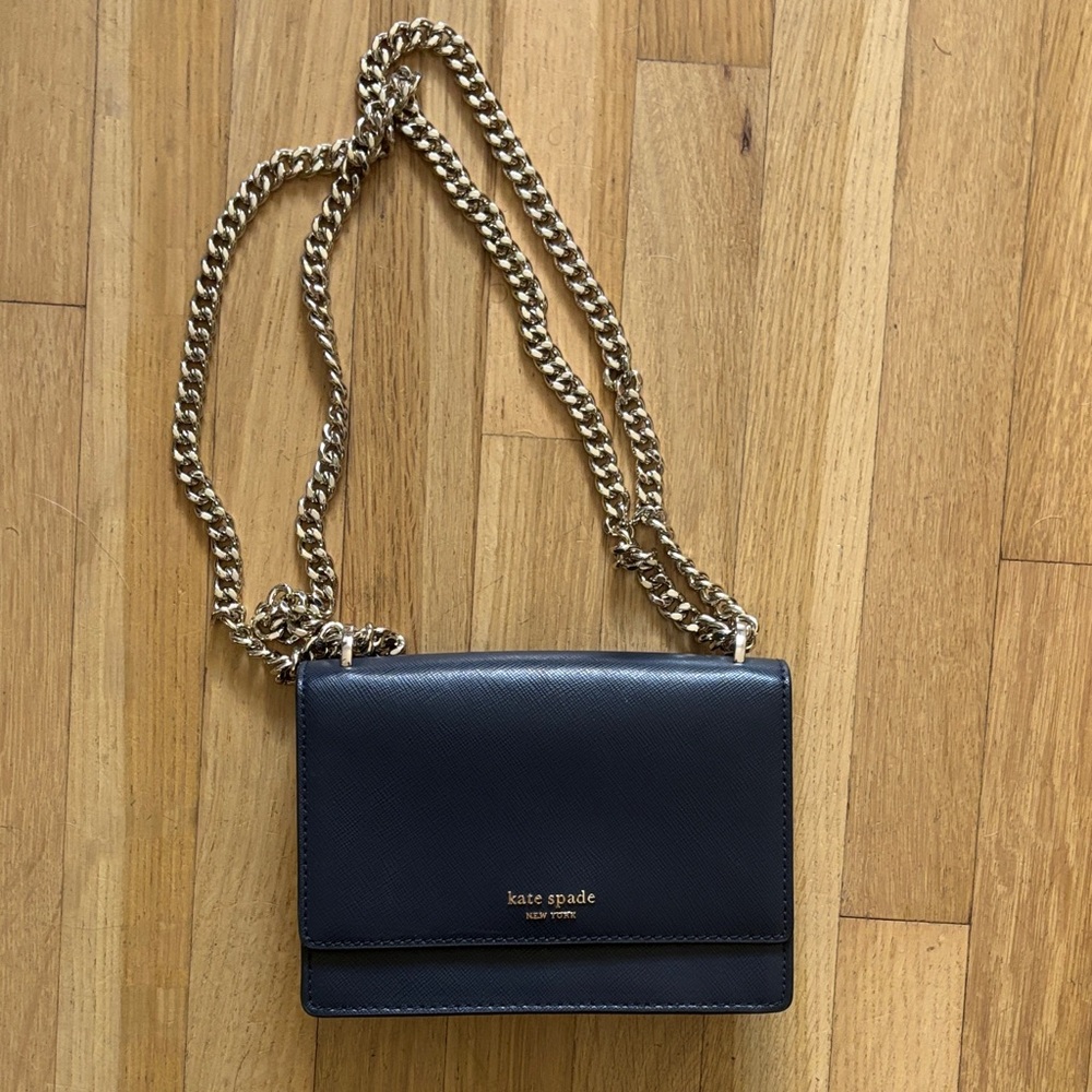 kate spade navy leather crossbody with silver chain strap